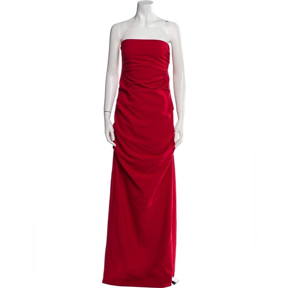 Nicole Miller Red Strapless Long Dress Evening Gown with Ruched Details